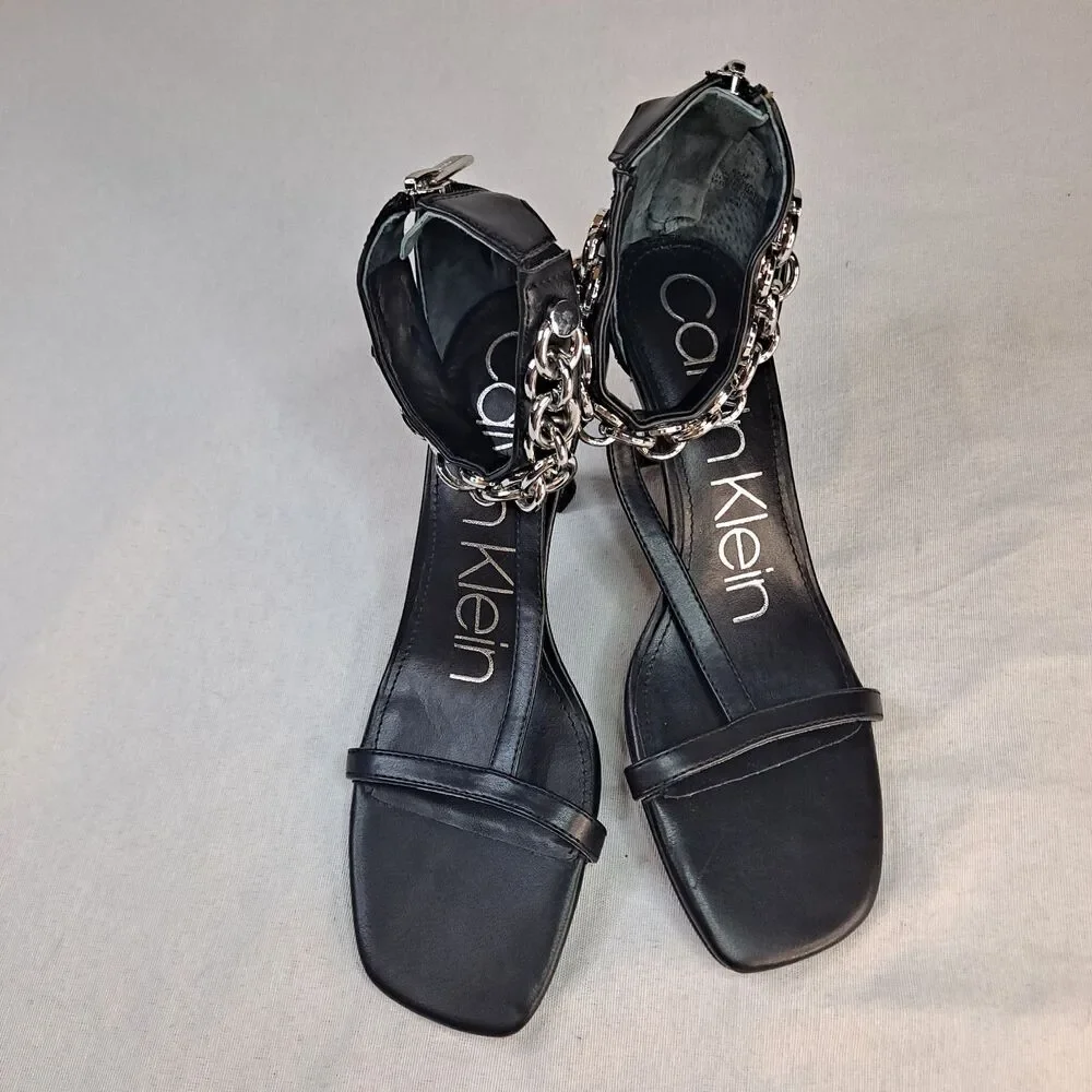 Calvin Klein Women's 6.5M Nova Chain Ankle Strap T Strap High Heel Dress Sandals